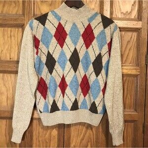 Vtg. Robert Scott Ltd. Tan Argyle Sweater Womens L  Silk Wool Blend Mock Neck LS